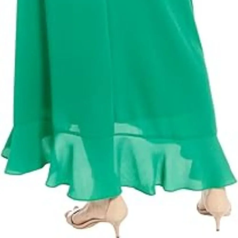 London Times dress green maxi off shoulder ruffle high low holiday party 4